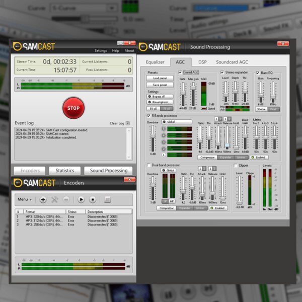 Sam Cast live encoder software met dsp en agc