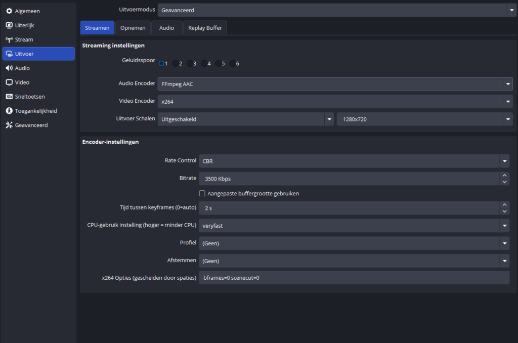 OBS sreenshot van uitvoer instellingen live streaming naar mistserver met CBR