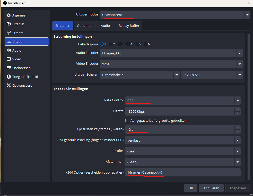 OBS sreenshot van uitvoer instellingen live streaming naar mistserver met CBR