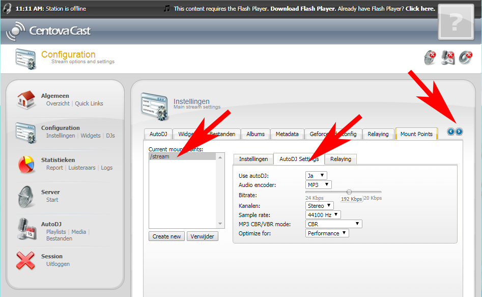 instellen mountpoint centova cast autodj mp3 kbps cbr