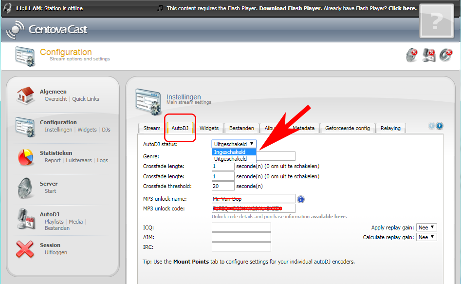 Centovacast autodj aanzetten  mp3 unlock name en code