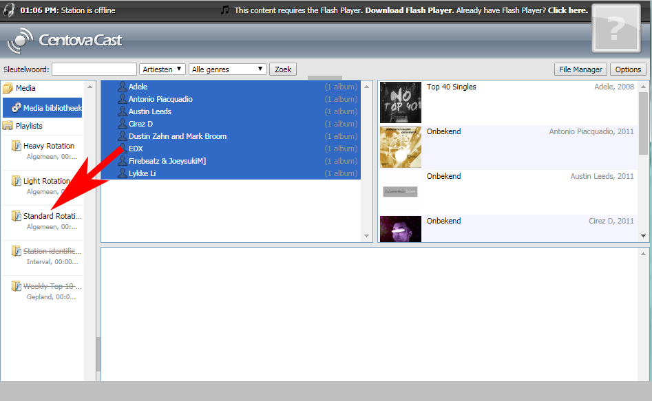 slepen naar Standard rotatie playlist in Centovacast