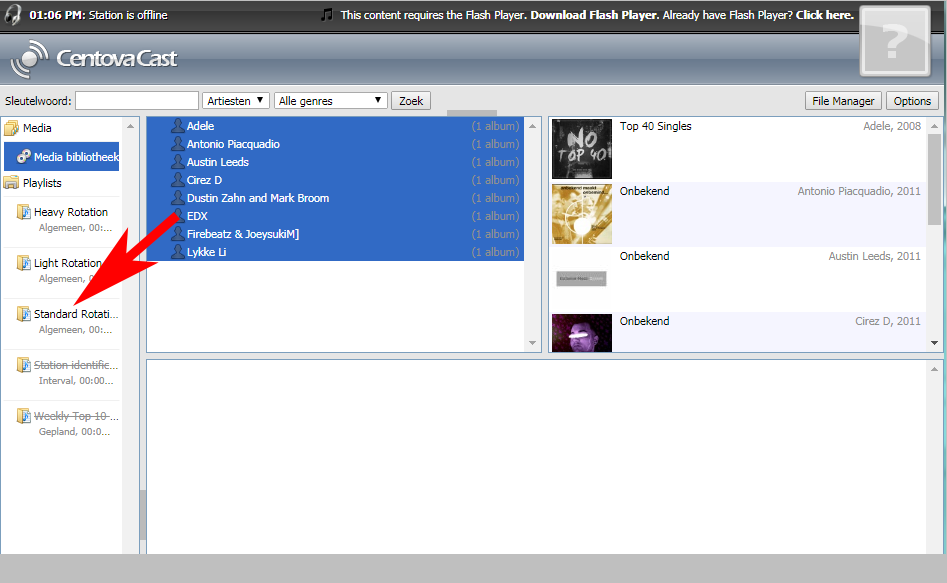 slepen naar Standard rotatie playlist in Centovacast
