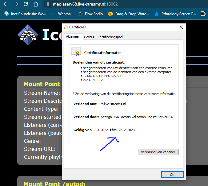 Herstarten Icecast streams voor nieuw SSL certificaat op 15-3-2022 na 23 uur